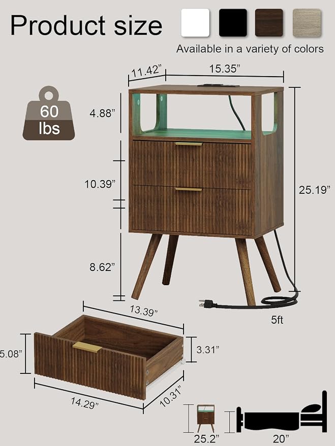 Nightstand with Charging Station and LED Lights, Modern Bedside Table with 2 - Image 2