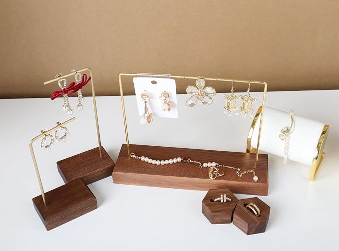 GemeShou Walnut Earring holder for selling, Brass earring stands and displays - Image 6