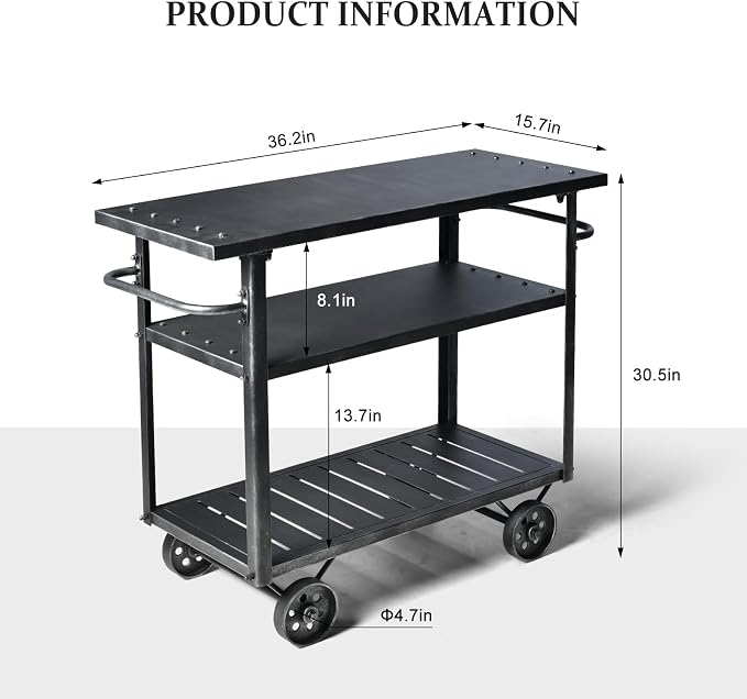 Industrial 3 Tier Mobile Bar Cart Rustic Metal Serving Cart - Image 2
