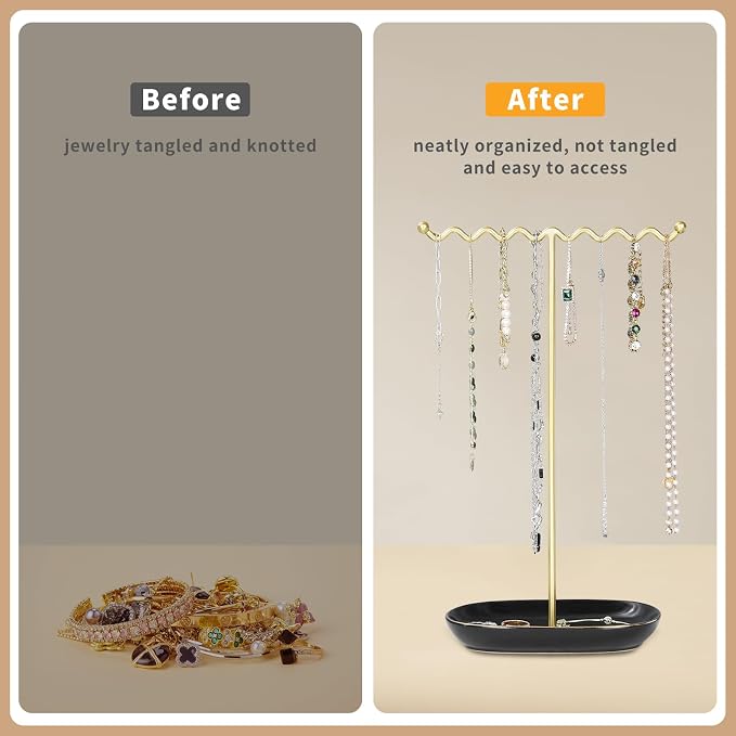 Elegant Jewelry Holder Stand: Metal Tree & Ceramic Tray Organizer - Image 3