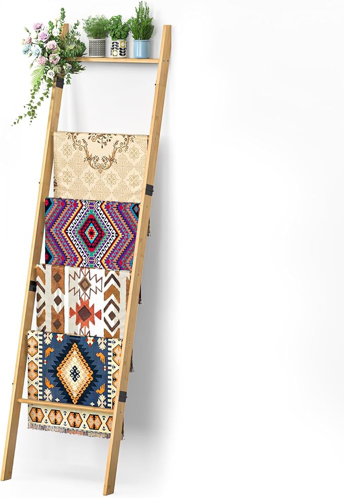 BAMBANG 6-Tier Blanket Ladder for Living Room, Blanket Quilt Ladder Rack Rustic - Image 8