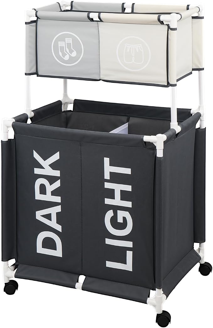 Laundry Basket with Wheels, 4 Section Laundry Hamper, Extra Large Dirty Clothes by ASHARE