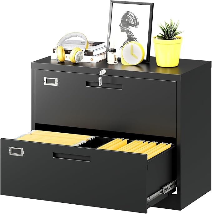 Lateral File Cabinet with Lock, 2 Drawer Large Metal Filing Cabinet, Home by Fesbos