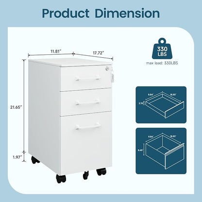 MIIIKO White Filing Cabinet 3 Drawers Under Desk, Metal File Cabinet - Image 3