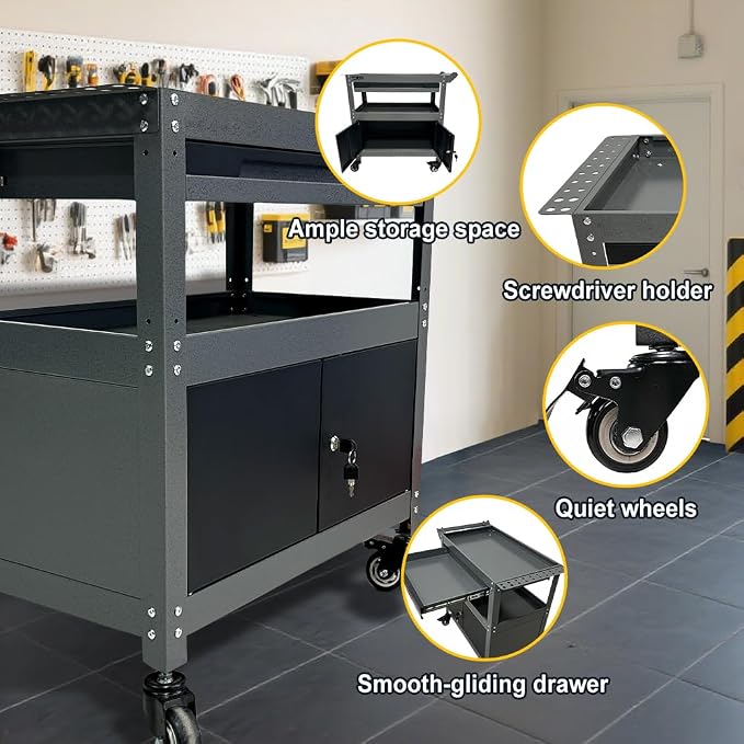 3 Tier Steel Rolling Cart for Tool Organizer, Industrial Grade Utility Service - Image 6