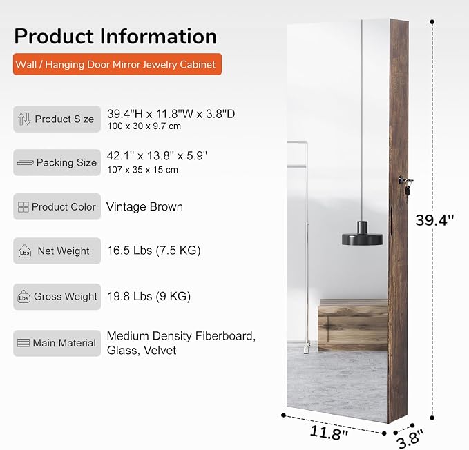 GISSAR Full Length Mirror Jewelry Cabinet, 6 LEDs Jewelry Armoire Wall Mounted - Image 5