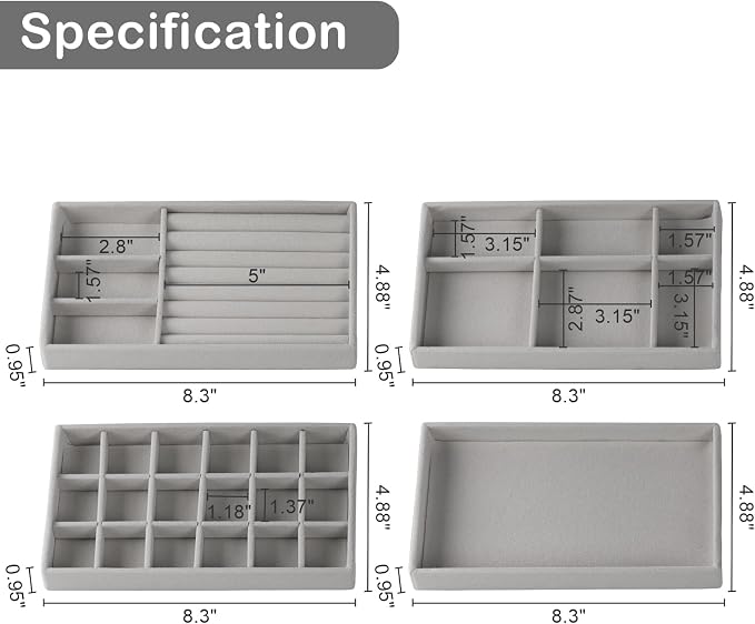 Set of 8 Velvet Jewelry Drawer Organizer Inserts, Stackable Trays - Image 4