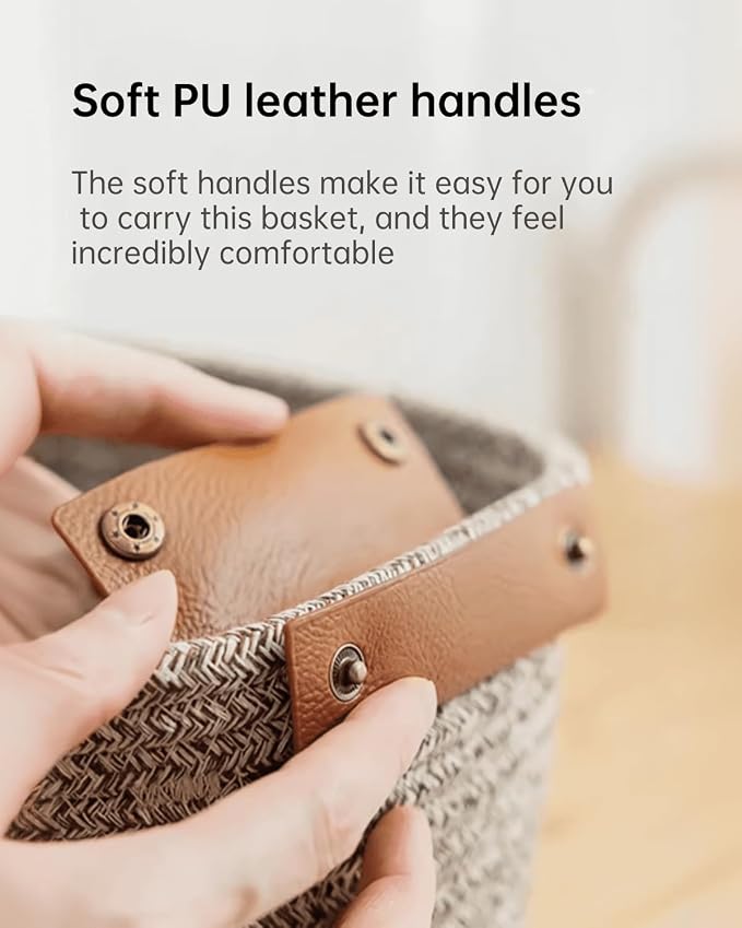 Small Cotton Woven Basket with PU Leather Handle, Baby Kids Clothes Toys Candy - Image 2