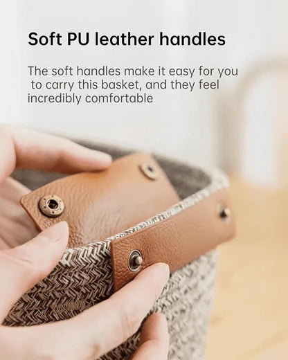 Small Cotton Woven Basket with PU Leather Handle, Baby Kids Clothes Toys Candy - Image 2