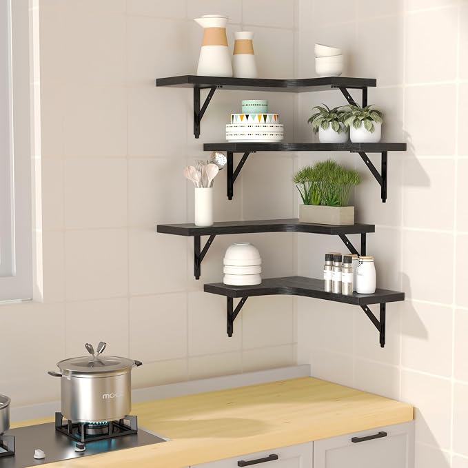 ROMGUAR CRAFT Corner Floating Shelves Wall Mounted Set of 4, Rustic Wood - Image 2