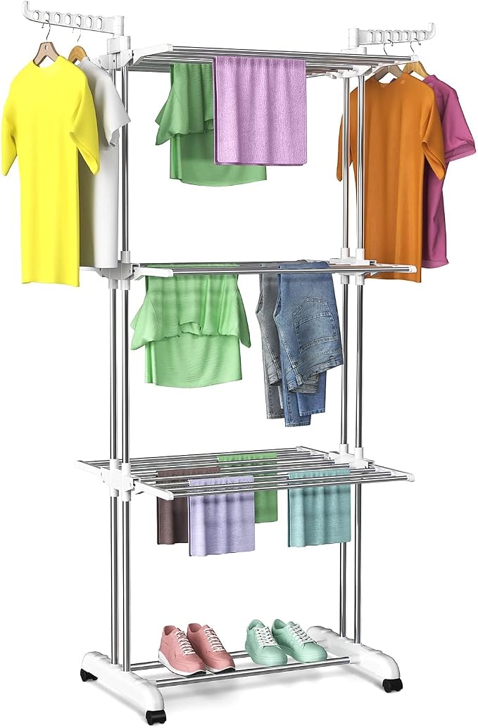 Bigzzia 3 Tier Folding Drying Rack Clothing Clothes Horses Rack Stainless Steel by ThinkBigLiveBigger