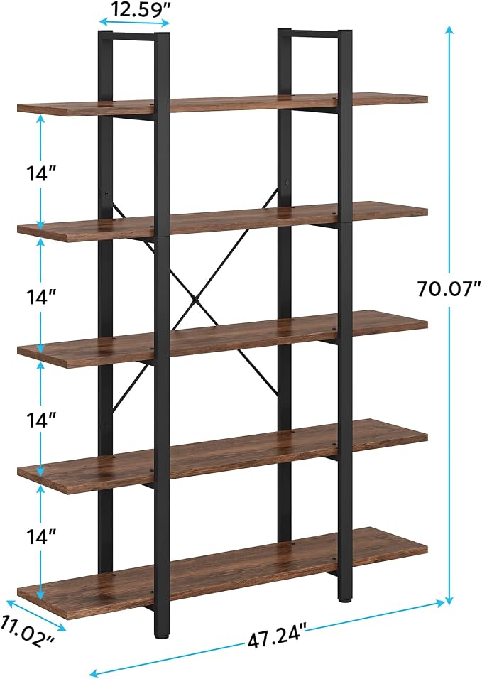 Tribesigns 5-Tier Bookshelf, Vintage Industrial Style Bookcase 72 H x 12 W x - Image 2