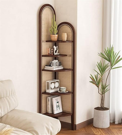 5-Tier Corner Shelf Bookcase, Fan-Shaped Corner Shelf Unit, Wood Frame & Resin by Miusocal