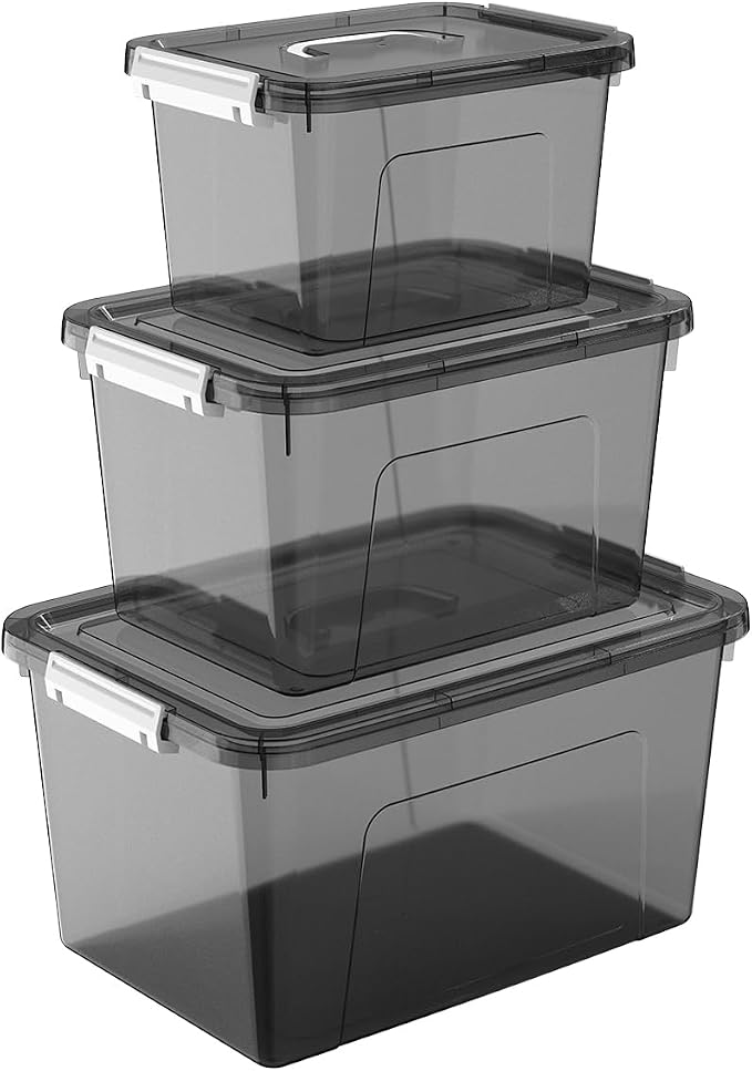 Plastic Storage Bins with Lids, 3 Pack Mixed Sizes Clear Black Stackable by JUJIAJIA