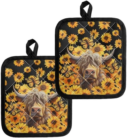 Highland Cattle Cow Non Slip Heat Resistant Hot Pot Holder 2Set, Sunflower by Jndtueit