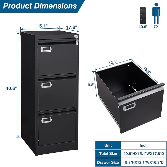 3-Drawer File Cabinet, 16.3" Deep Vertical Filing Cabinet - Image 3