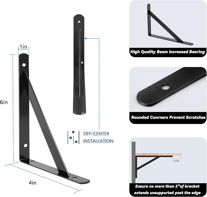 4 Pack L 6" x H 4" Heavy Duty Shelf Brackets - Image 2