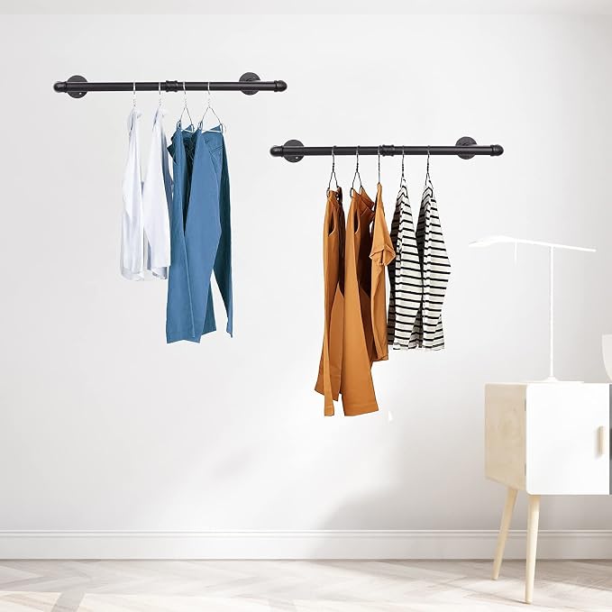 36” Wall Mounted Clothes Rack, Industrial Pipe Black Iron Garment Bar, - Image 7