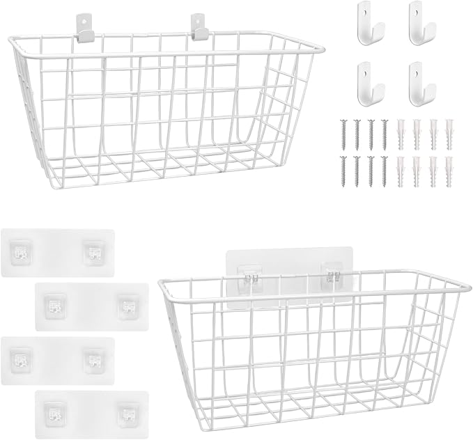 Wire Hanging Wall Basket, 2 White Metal Baskets, Adhesive Cabinet Organizer | - Image 8