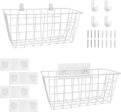 Wire Hanging Wall Basket, 2 White Metal Baskets, Adhesive Cabinet Organizer | - Image 8