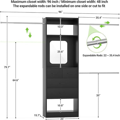 Unikito 8FT Closet System with Mirror and 3 Extendable Hanging Rods, 4 Wood - Image 7