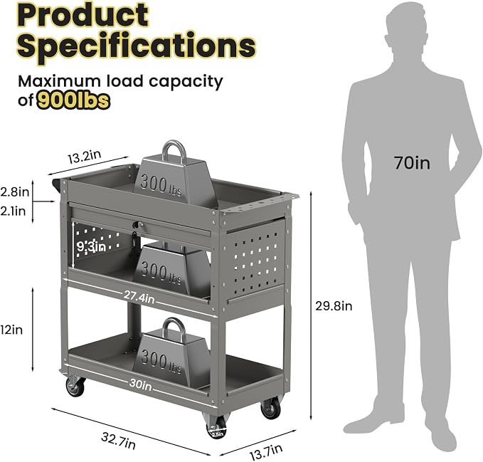 3 Tier Rolling Tool Cart on Wheels, Heavy-Duty Utility Cart Service Cart - Image 7