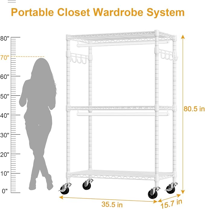 P1 Rolling Clothes Rack Heavy Duty, Metal Closet Clothing Rack - Image 6