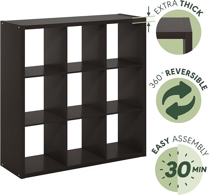 Furinno CUBICLE 9-Cube Book Shelf, Extra Thick Frame Bookshelf, Dark Oak | - Image 6