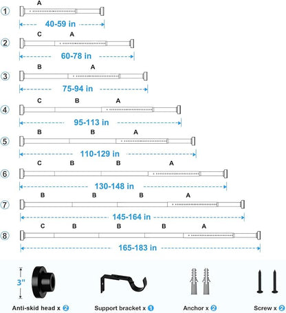 Tension Curtain Rod Black Tension Rod 40 to 183 Inch Spring Curtain Rods Non - Image 7
