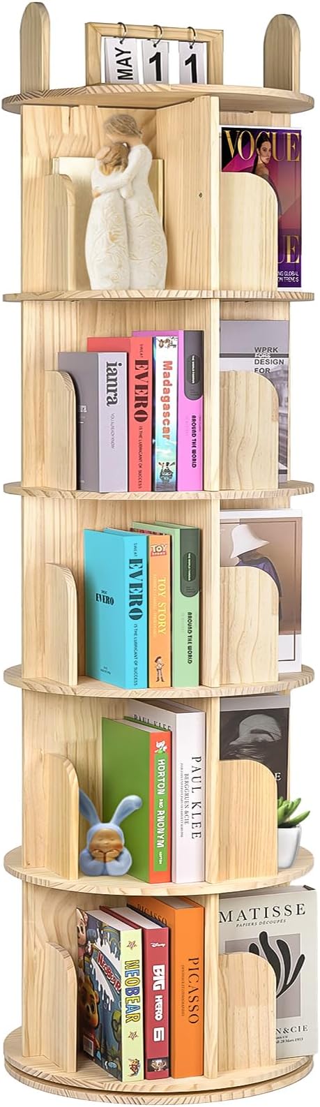 Kryonix 5 Tier Rotating Bookshelf, 360° Spinning Solid Pine Wood Bookcase | by Kryonix