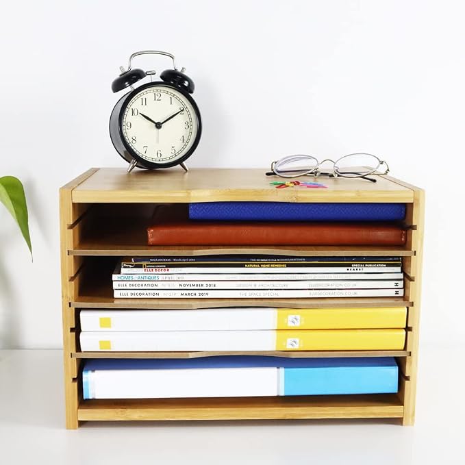 WKWKER File Organizer with 3 Adjustable Shelves Bamboo Document Letter Tray - Image 6