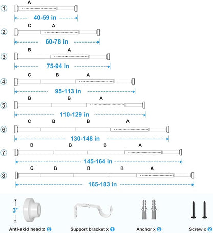Tension Curtain Rod White Tension Rod 40 to 183 Inch Spring Curtain Rods Non - Image 7