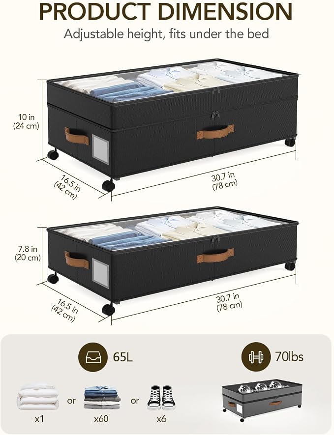 4 Pack Under Bed Storage with Wheels, Adjustable Height Storage Containers - Image 2