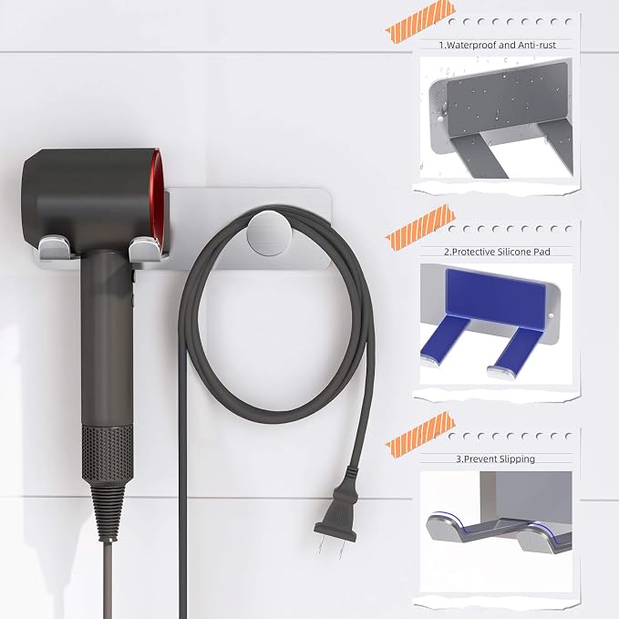 FLE Hair Dryer Holder Wall Mounted, Stainless Steel Self Adhesive Blow Dryer - Image 3
