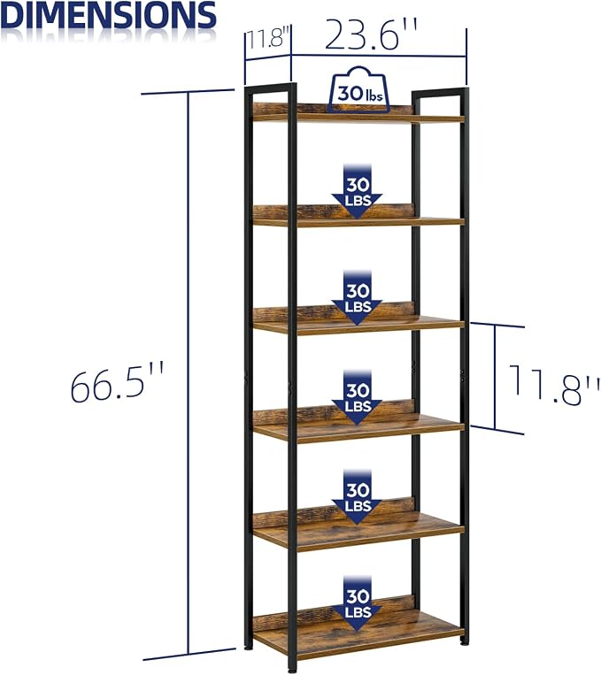 NUMENN Bookshelf, 6 Tier Freestanding Shelving Unit, Vintage | Metal Frame & - Image 3