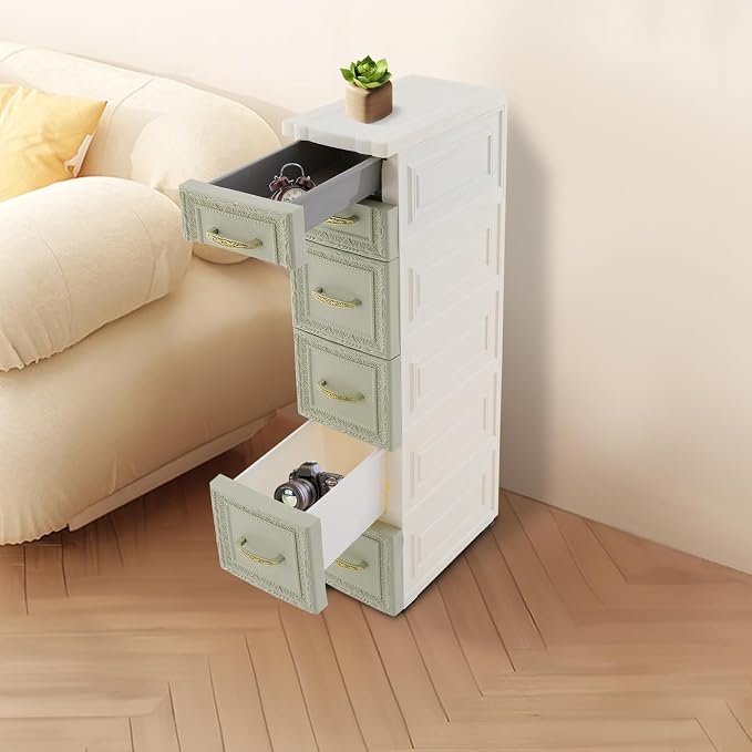 Slim Storage Cabinet with 6 Drawers, Mobile PP Plastic Organizer Rolling Tower - Image 8