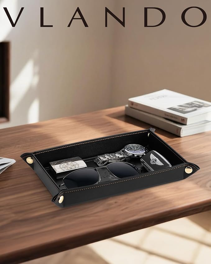 VLANDO Valet Tray for Men, Foldable PU Leather Catchall Tray, Phone and Glasses - Image 7