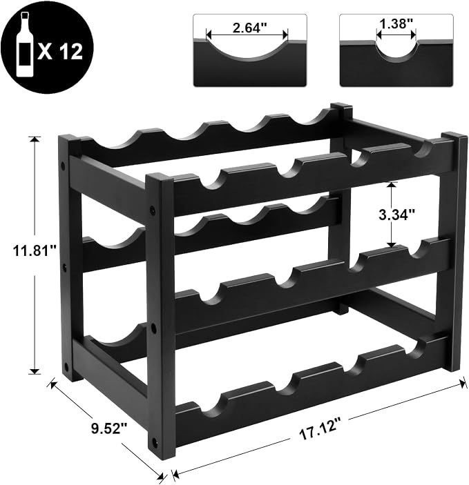 Bamboo Wine Rack, 3-Tier 12 Bottles Wine Storage Cabinet Shelf, Easy-Assembly - Image 3