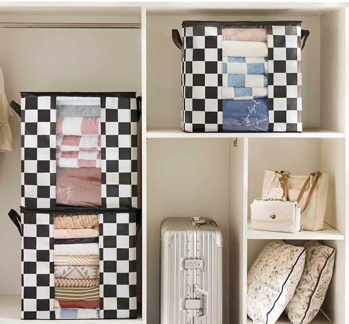 Black and White Checkered Clothes Storage Bins, 100L Large Blanket Storage Bags - Image 3