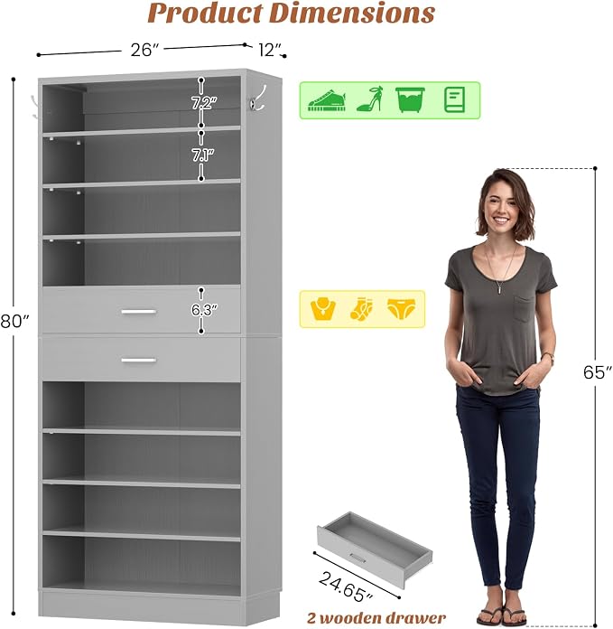 Aheaplus Tall Shoe Cabinet, 10 Tiers Wood Shoe Rack, Vertical Shoe Storage - Image 2