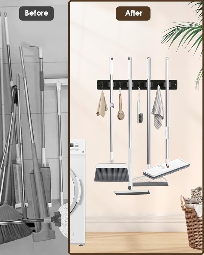 AceMining Broom Holder Wall Mounted, Wooden Mop and Broom Holder - Image 2