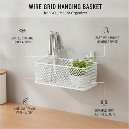 Wire Grid Hanging Basket, Iron Wall Mount Organizer - Image 5