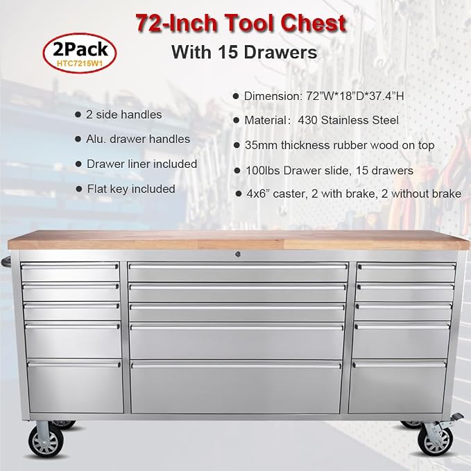 2 Pack - 72" Stainless Steel Rolling Tool Chest - Image 5