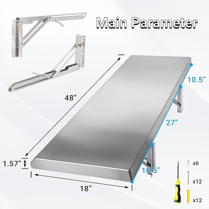 Stainless Steel Folding Concession Shelf 48" x 18" | Heavy Duty Drop Down - Image 3