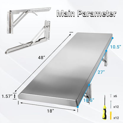 Stainless Steel Folding Concession Shelf 48" x 18" | Heavy Duty Drop Down - Image 3
