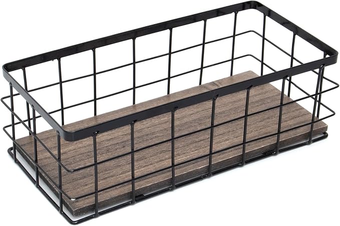 ROSE BLOOM Small Metal Wire Storage Basket, Decorative Wood Base Organizer Bins by ROSEBLOOM