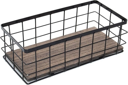 ROSE BLOOM Small Metal Wire Storage Basket, Decorative Wood Base Organizer Bins by ROSEBLOOM