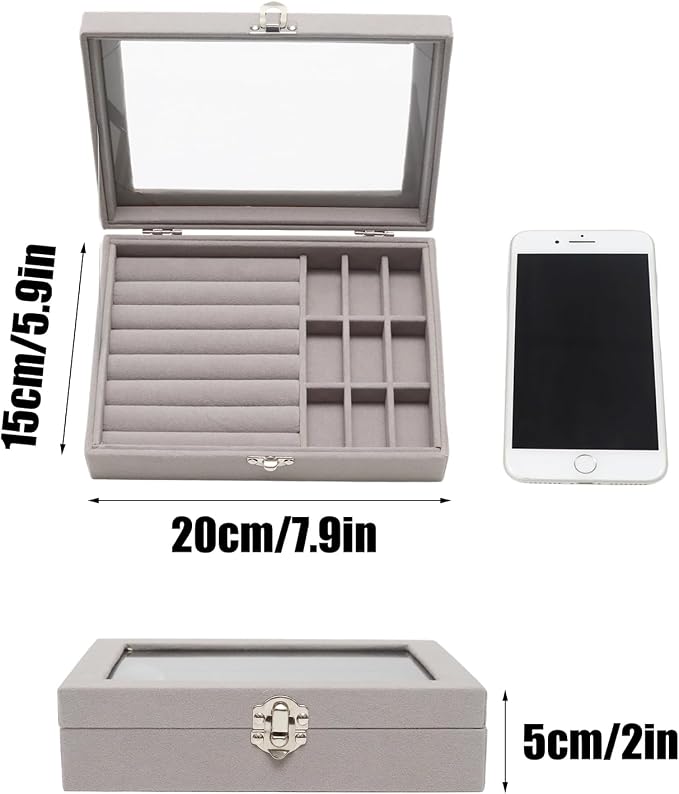 Small Velvet Jewelry Tray with Clear Lid, 2-in-1 Gray | Lockable Ring Earring - Image 2