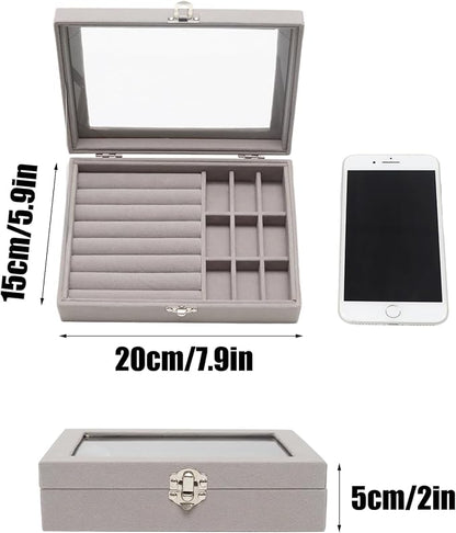 Small Velvet Jewelry Tray with Clear Lid, 2-in-1 Gray | Lockable Ring Earring - Image 2