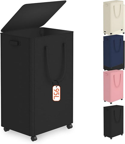 Slim Laundry Hamper with Wheels, 25 Gal Rolling Laundry Basket with lid and by Vincona